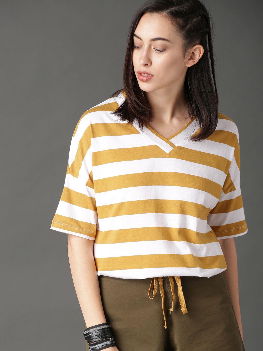 roadster women mustard yellow & white striped boxy pure cotton top