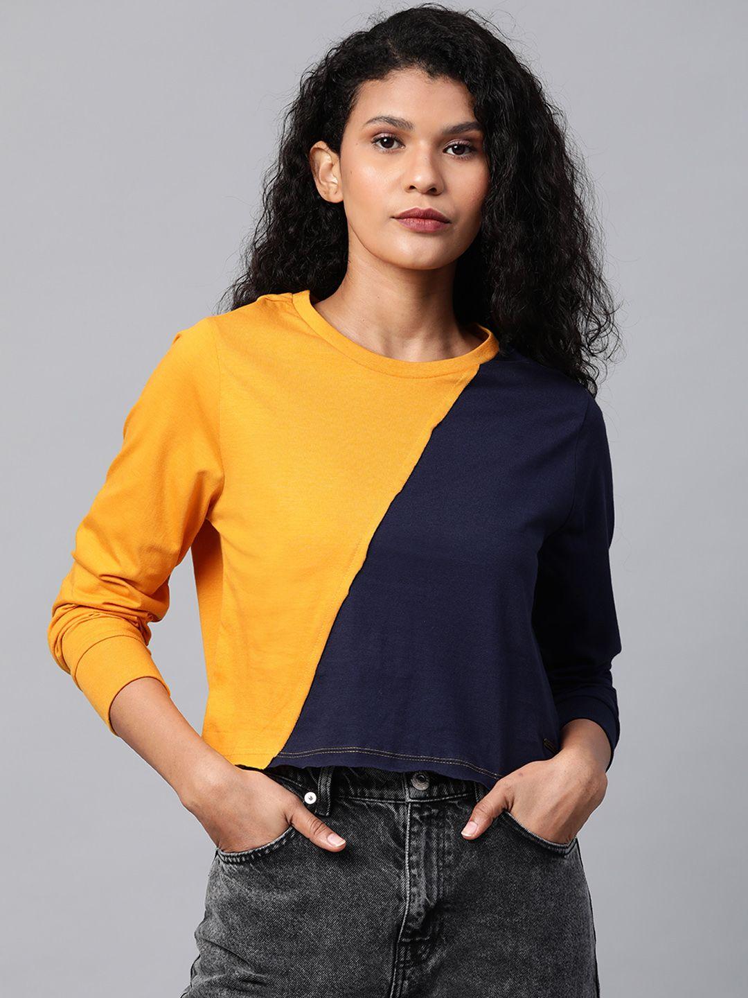 roadster women mustard yellow  navy blue colourblocked round neck pure cotton t-shirt