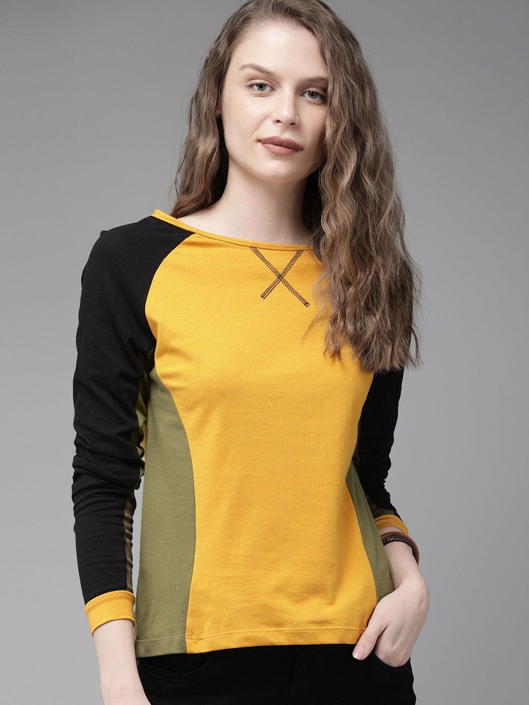 roadster women mustard yellow colourblocked cotton pure cotton t-shirt