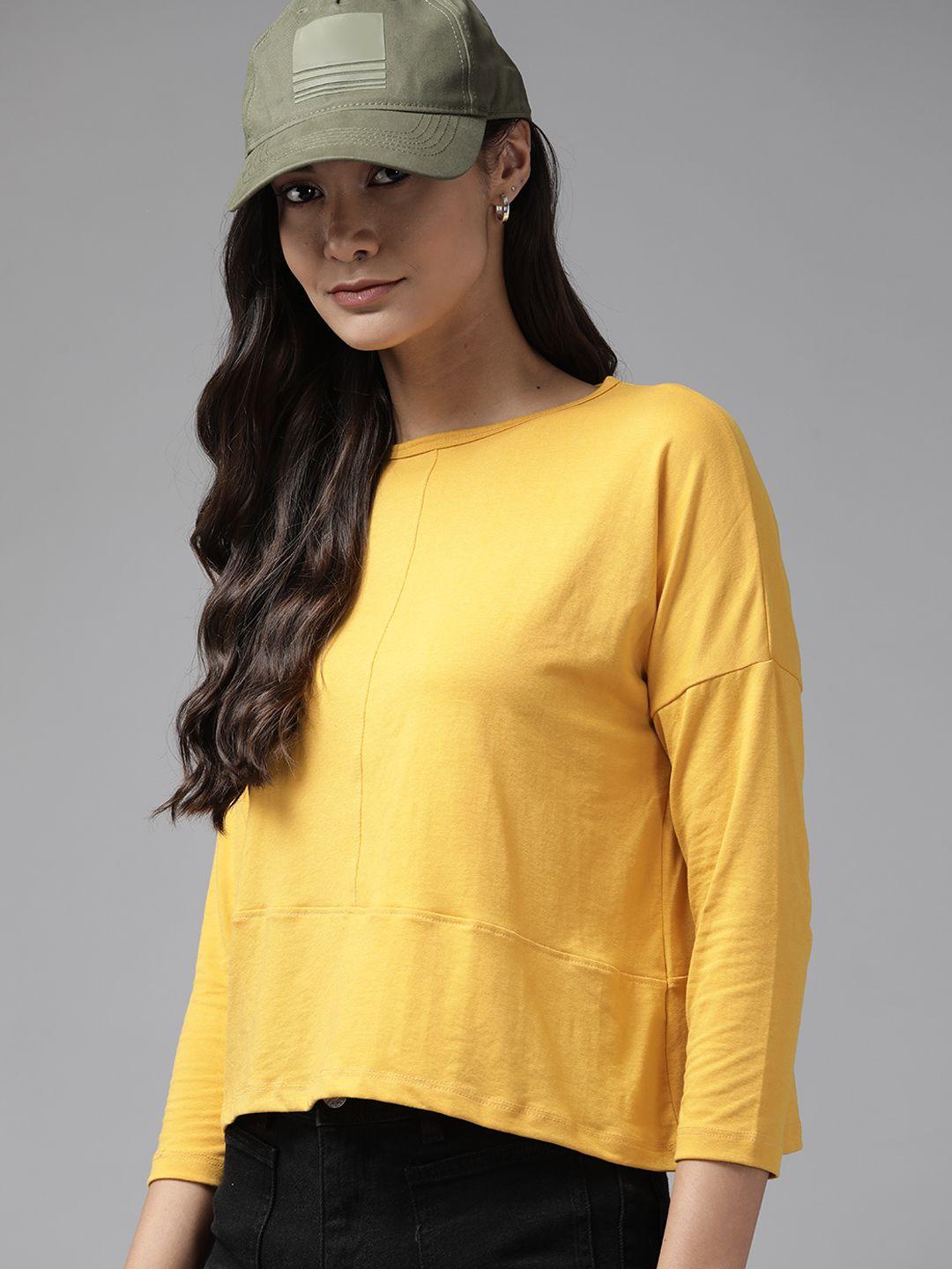 roadster women mustard yellow drop-shoulder sleeves pure cotton t-shirt