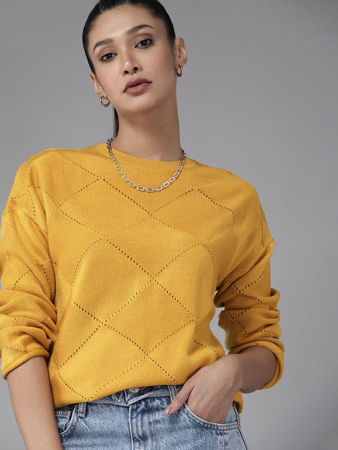 roadster women mustard yellow geometric design open knit detail pullover