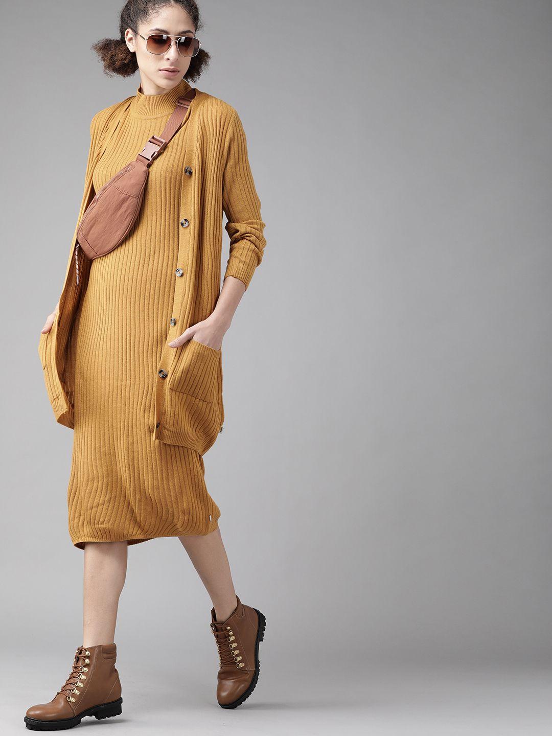 roadster women mustard yellow self striped pure cotton dress with longline shrug