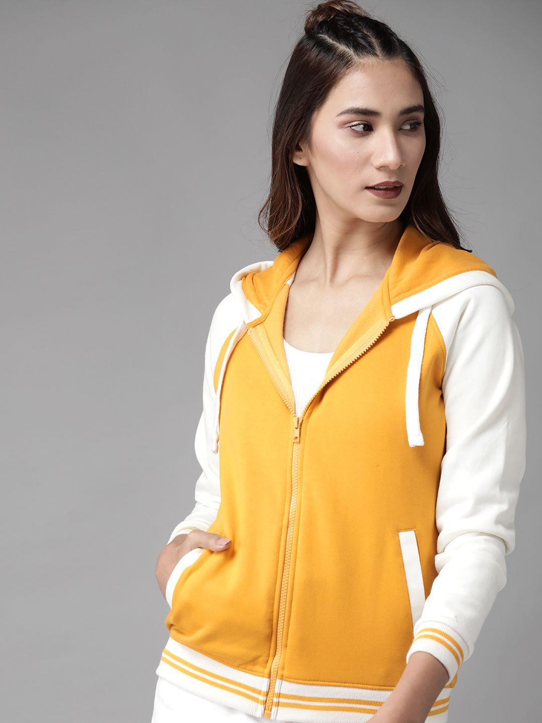 roadster women mustard yellow solid hooded sweatshirt