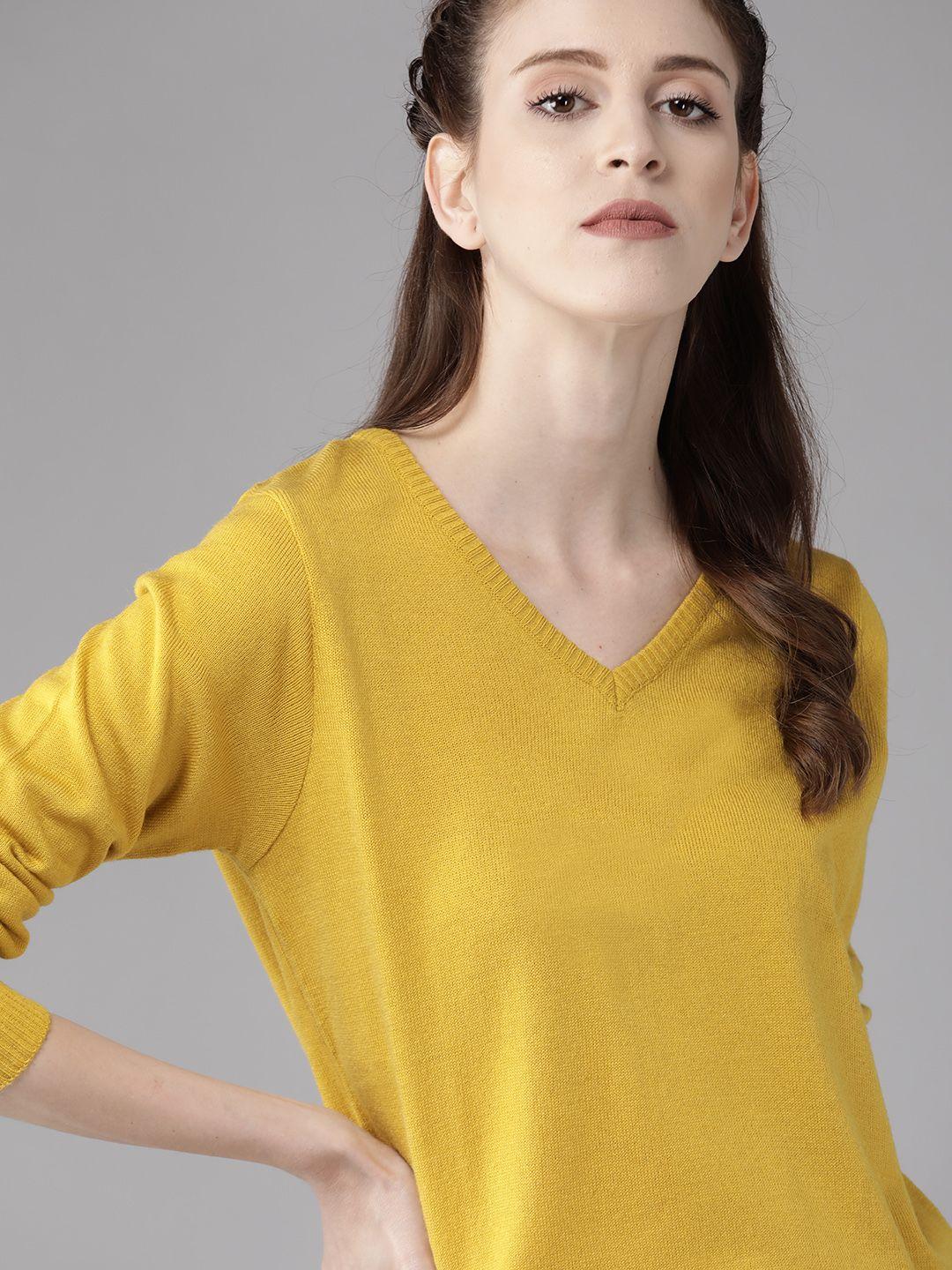 roadster women mustard yellow solid pullover