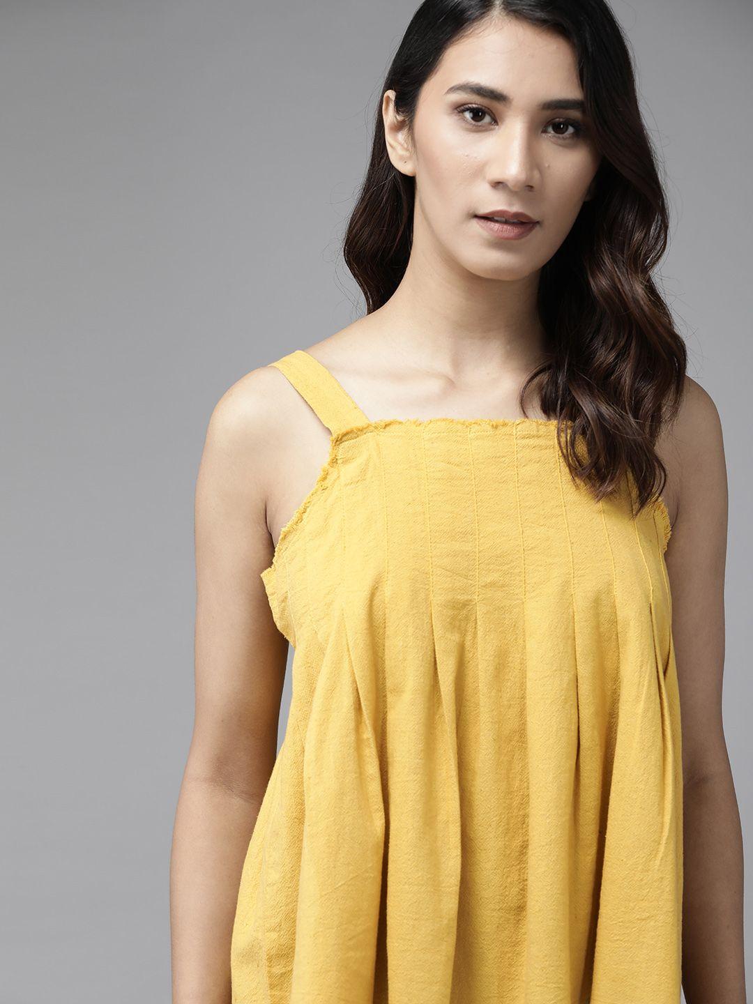 roadster women mustard yellow solid pure cotton a-line top