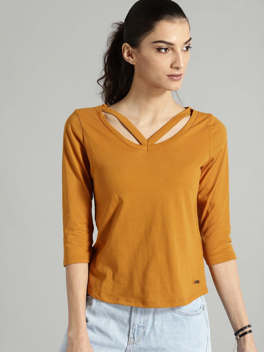 roadster women mustard yellow solid styled back top