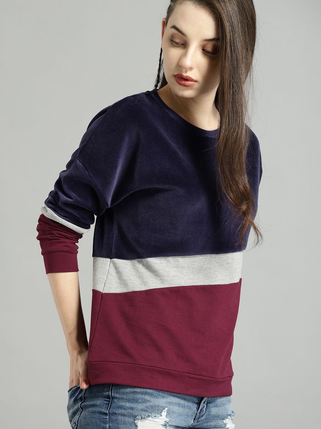 roadster women navy & burgundy colourblocked sweatshirt