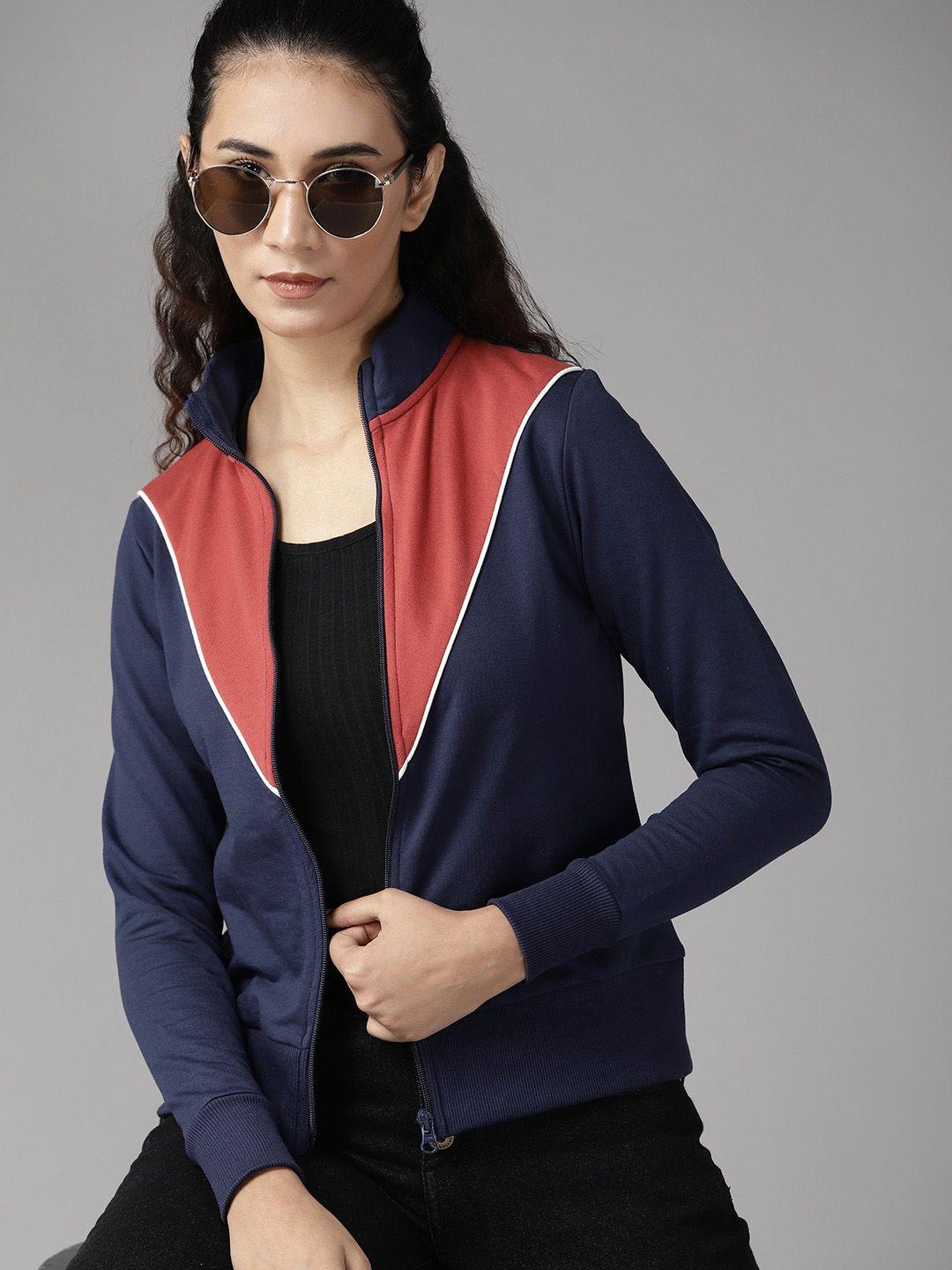 roadster women navy & red colourblocked sweatshirt