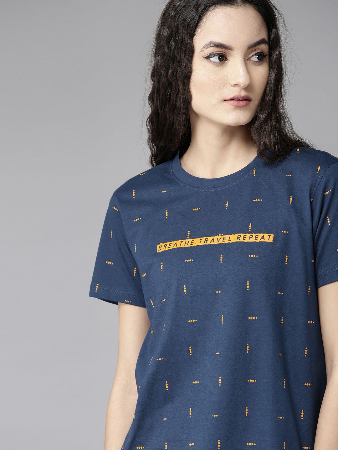 roadster women navy blue & mustard yellow geometric print round neck t-shirt