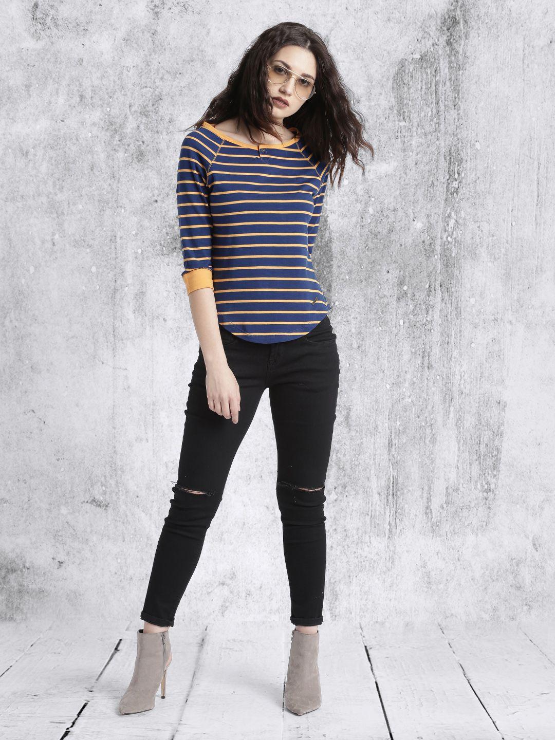 roadster women navy blue & orange striped high-low pure cotton top