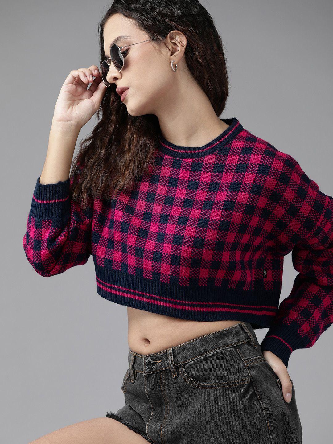 roadster women navy blue & pink checked crop pullover