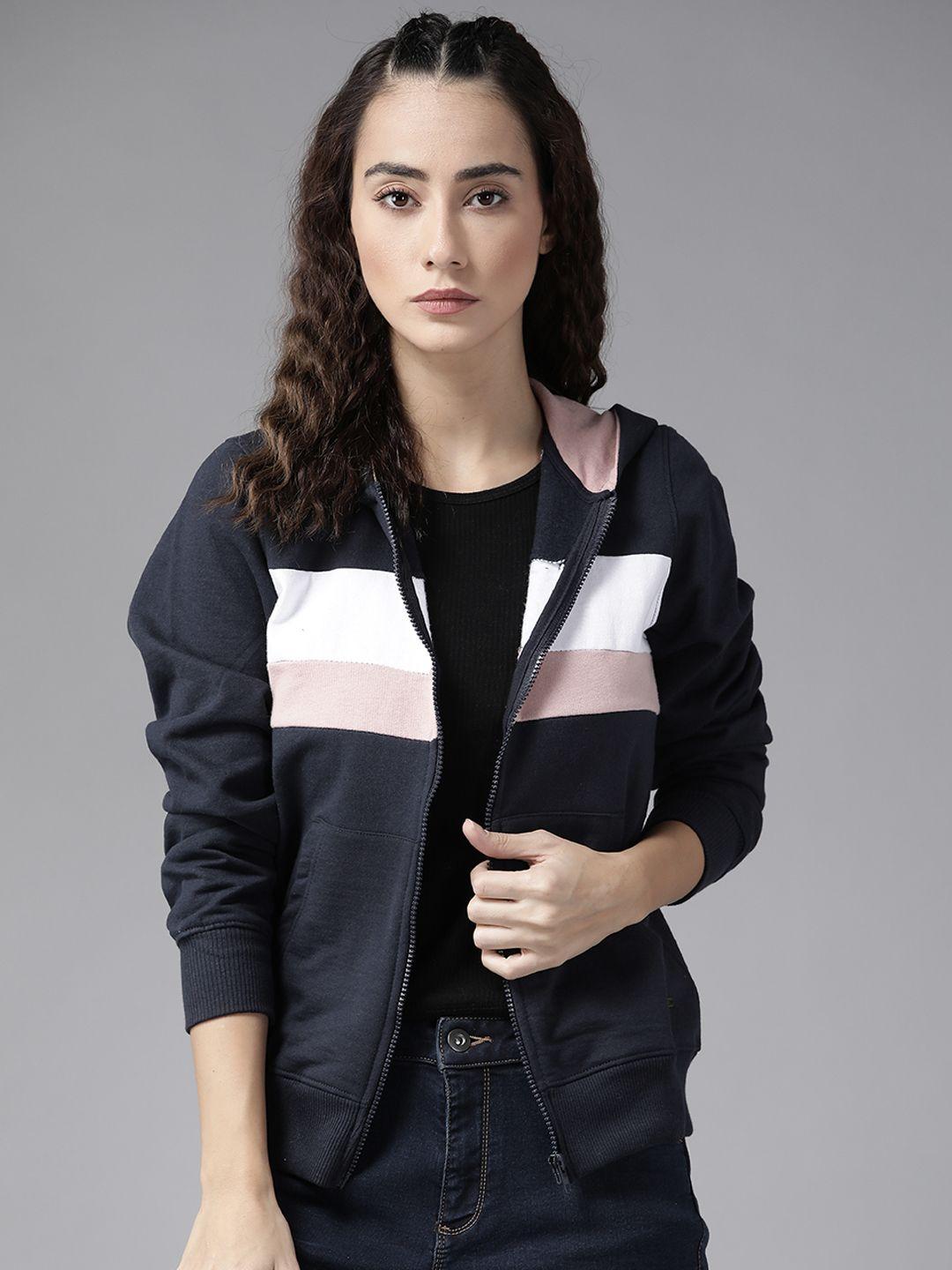 roadster women navy blue & white striped hooded sweatshirt