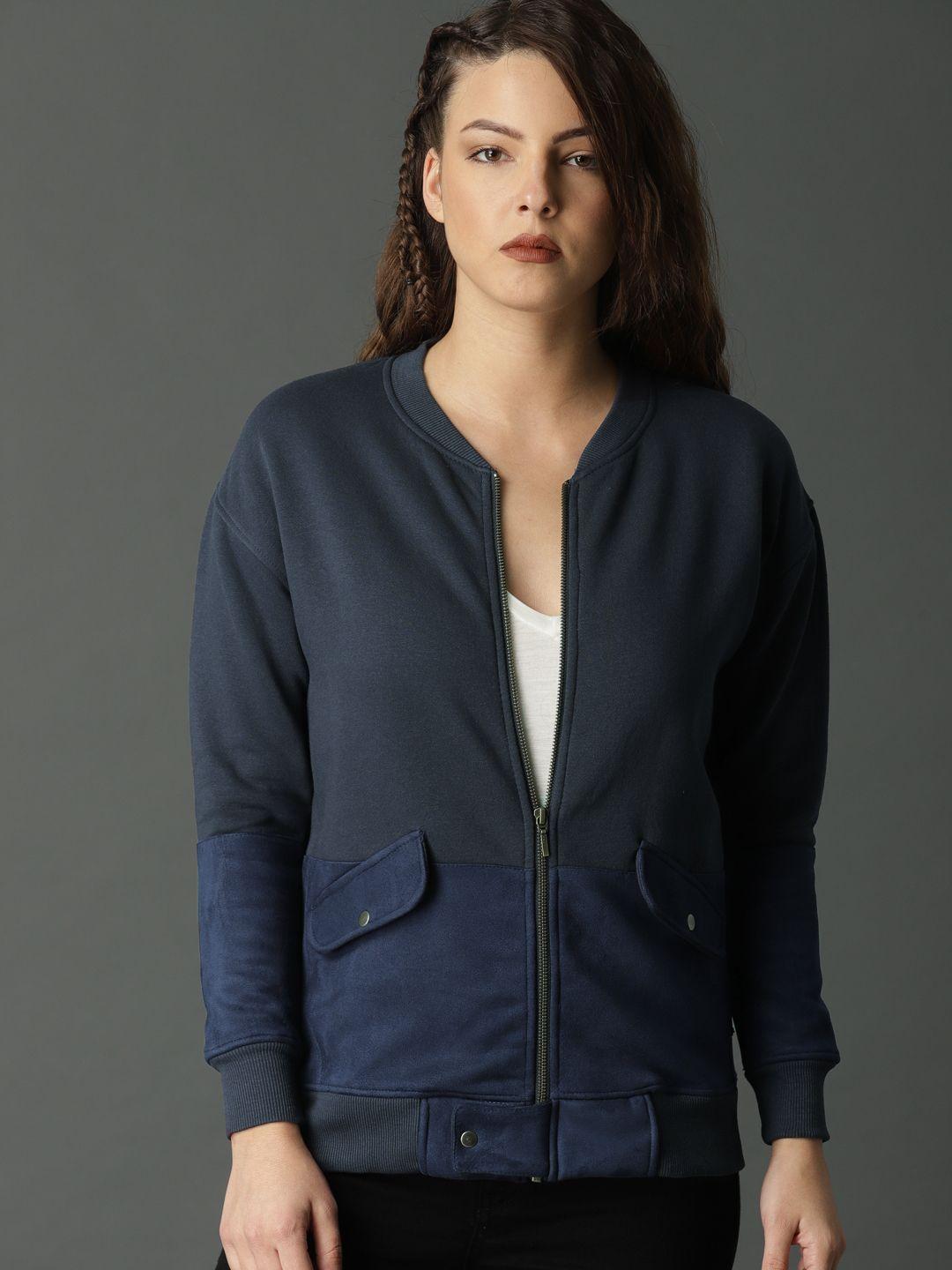 roadster women navy blue colourblocked bomber