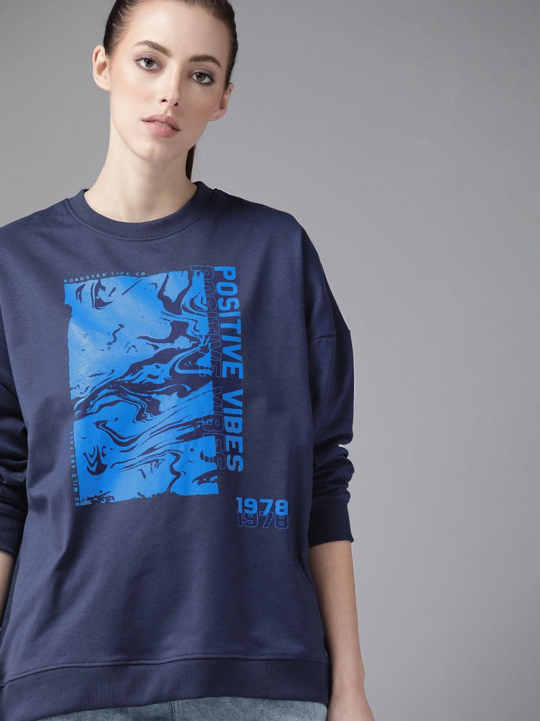 roadster women navy blue printed sweatshirt