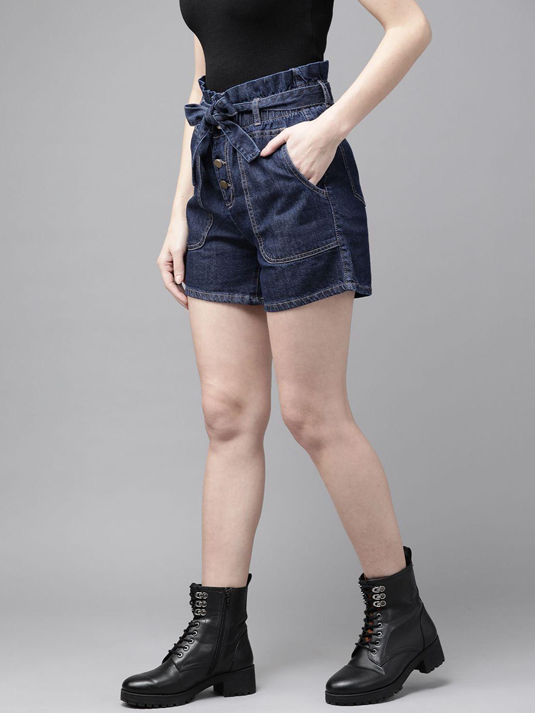 roadster women navy blue pure cotton high-rise denim shorts with belt
