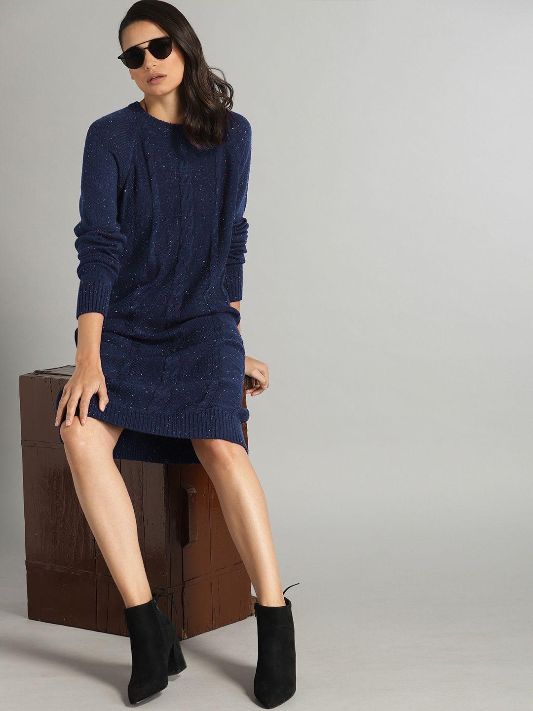 roadster women navy blue self design knitted jumper dress