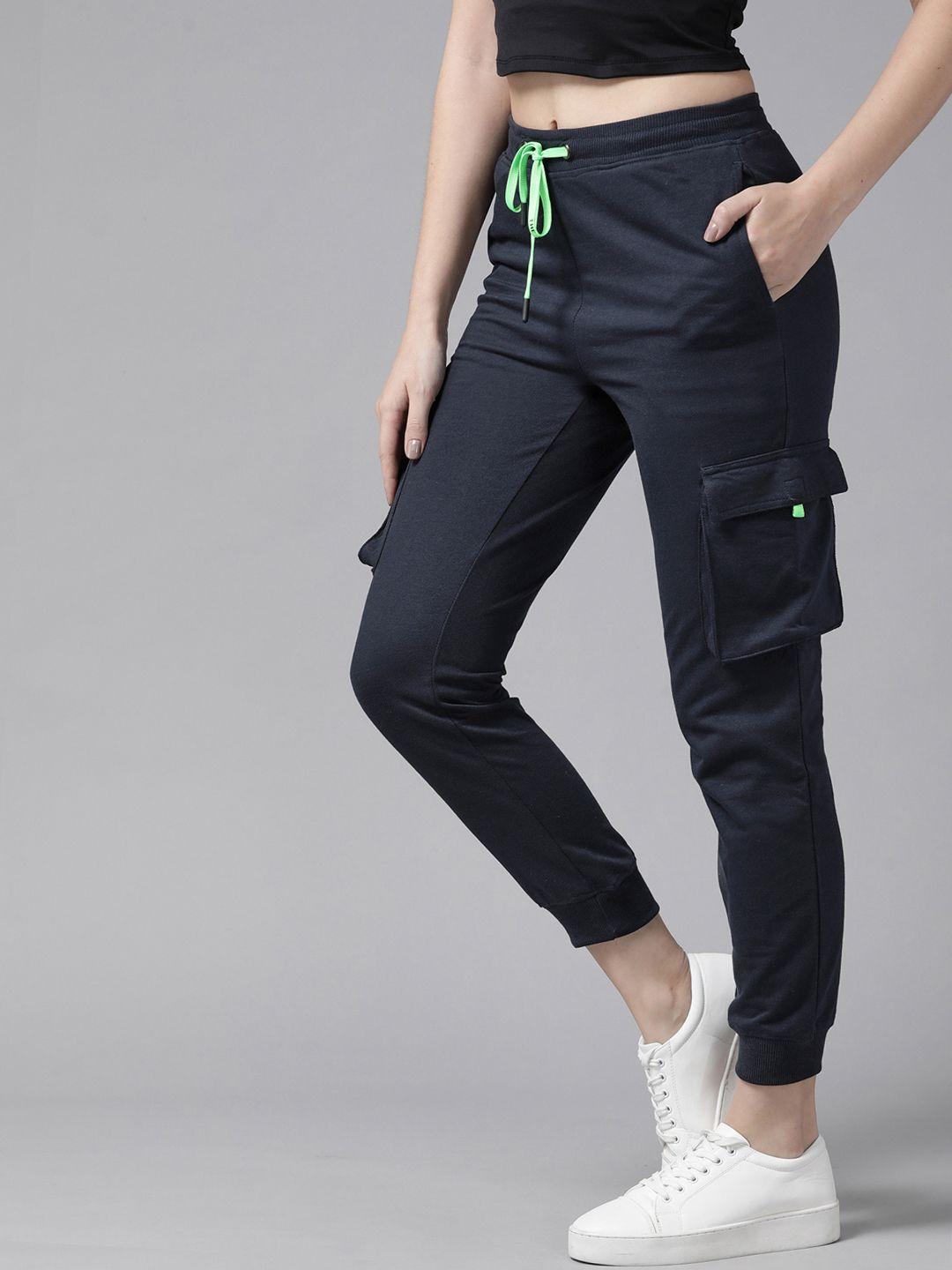 roadster women navy blue solid high-rise slim fit joggers