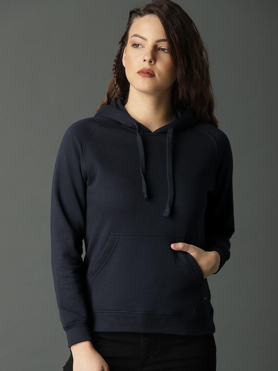 roadster women navy blue solid hooded sweatshirt