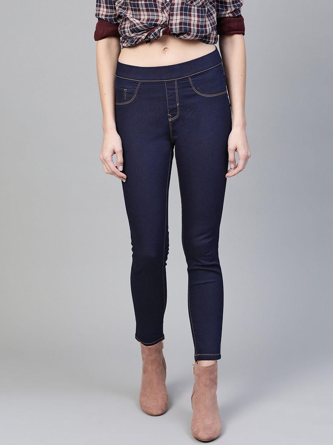 roadster women navy blue solid mid-rise super skinny fit cropped jeggings