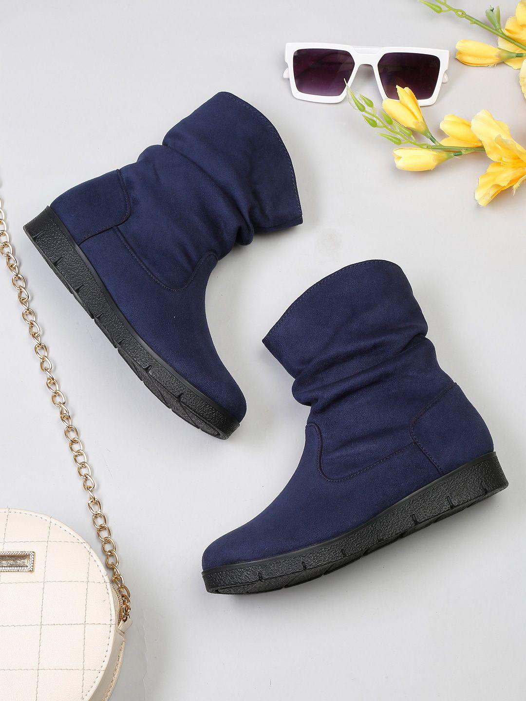 roadster women navy blue solid mid-top ankle casual flatform winter boots