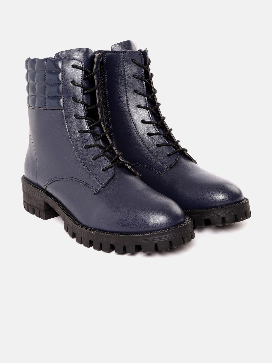 roadster women navy blue solid mid-top boots with quilted detail