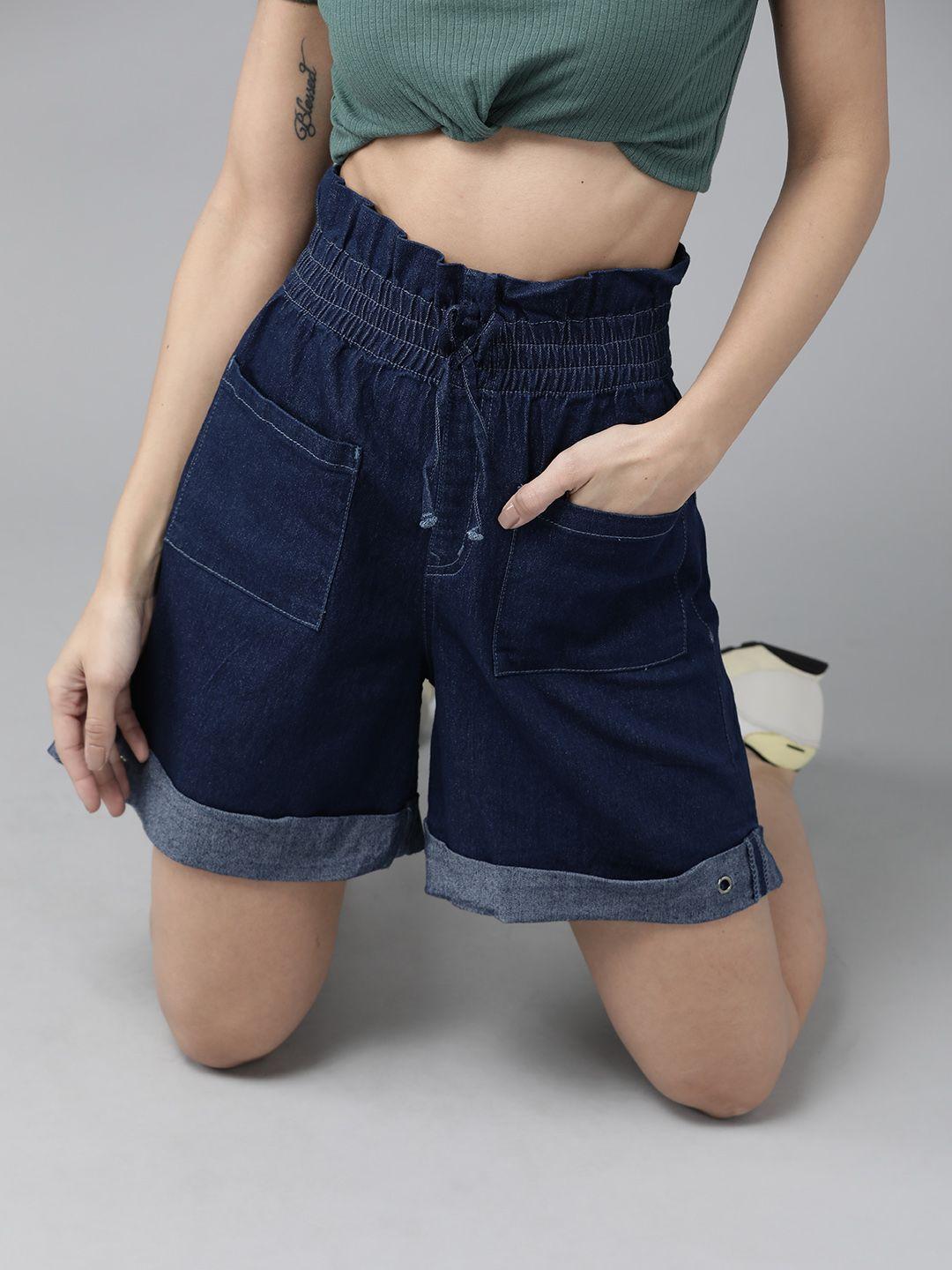 roadster women navy blue solid pockets paper bag style shorts