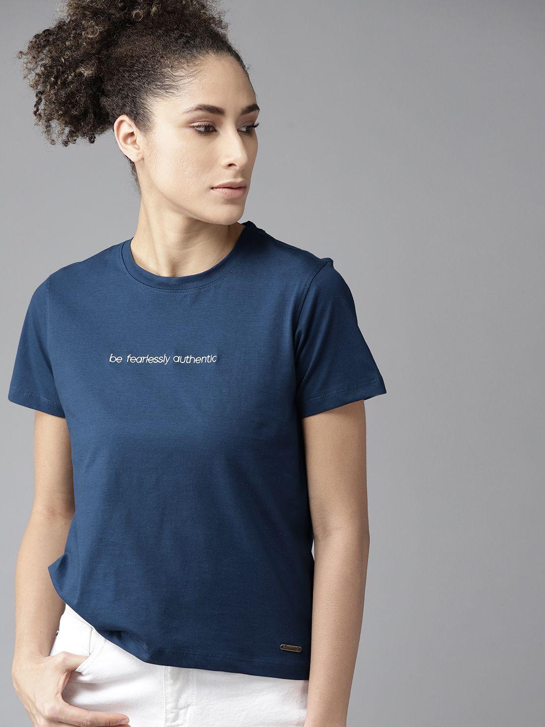 roadster women navy blue solid round neck t-shirt