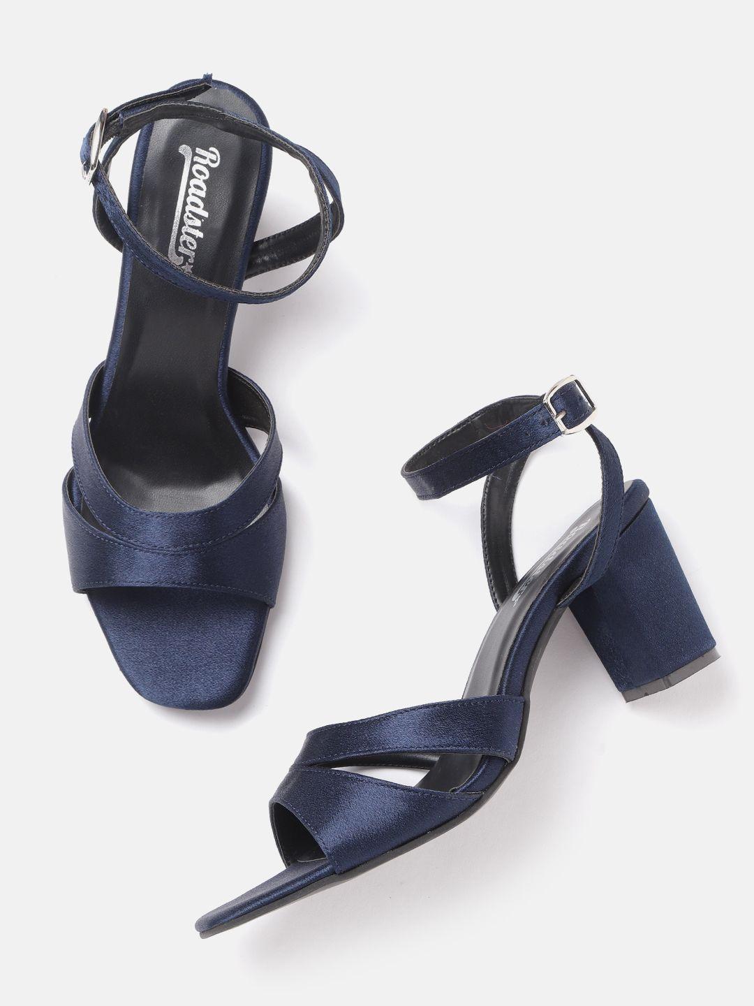 roadster women navy blue solid satin finish heels with cut-out detail