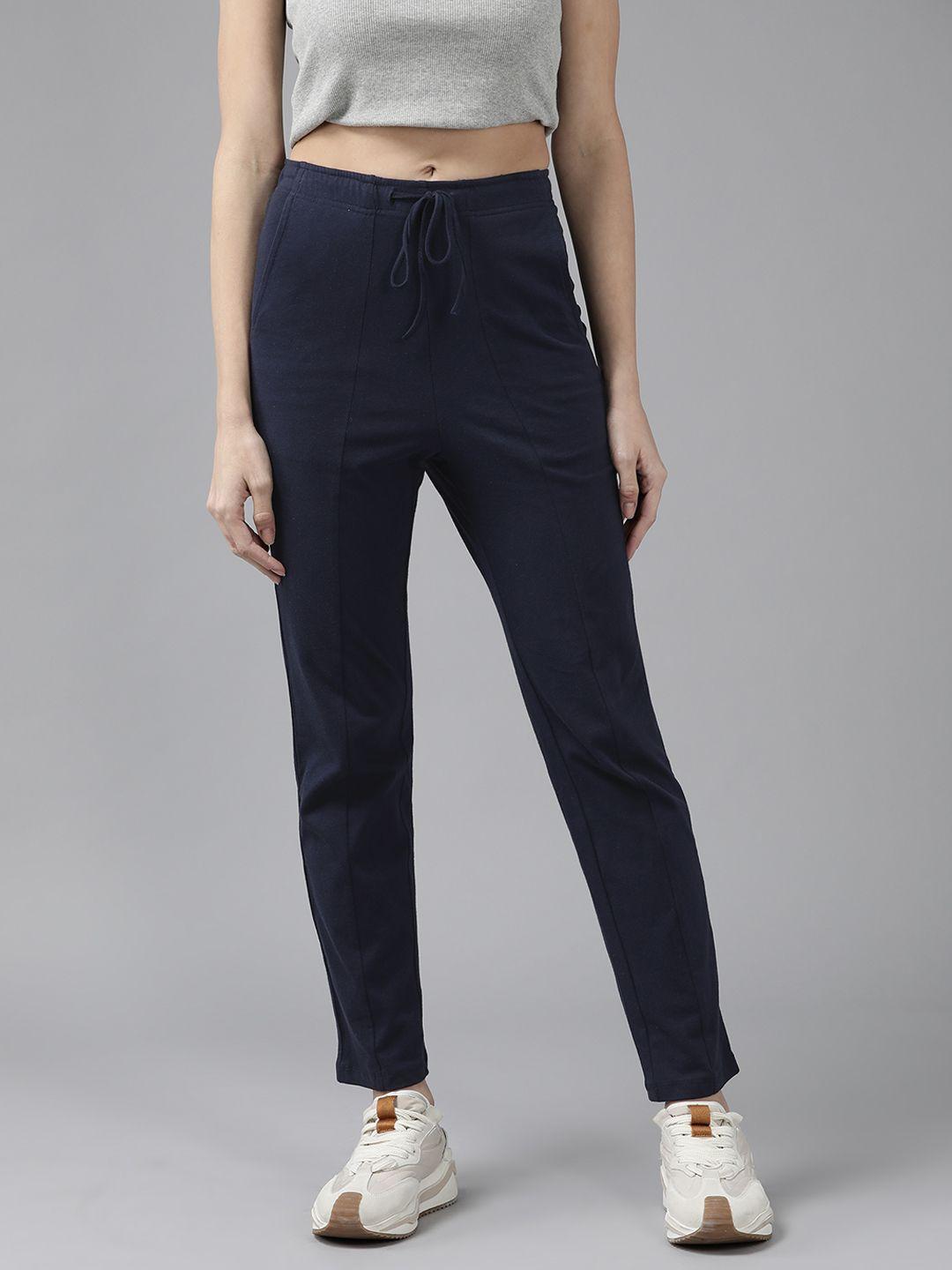 roadster women navy blue solid trousers