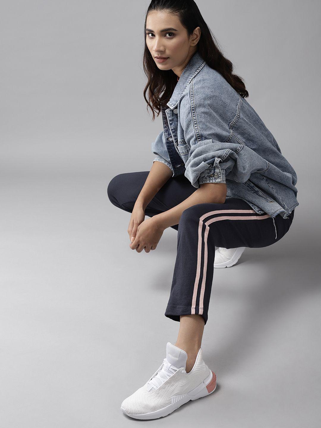 roadster women navy blue striped detail track pants