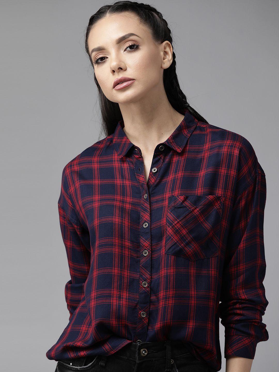 roadster women navy blue tartan checked casual shirt