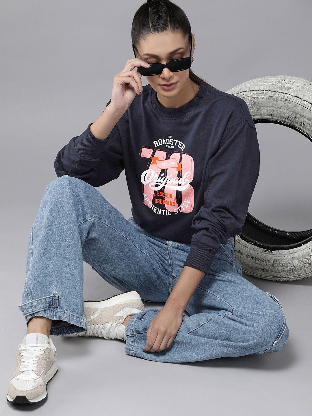 roadster women navy blue typography printed sweatshirt