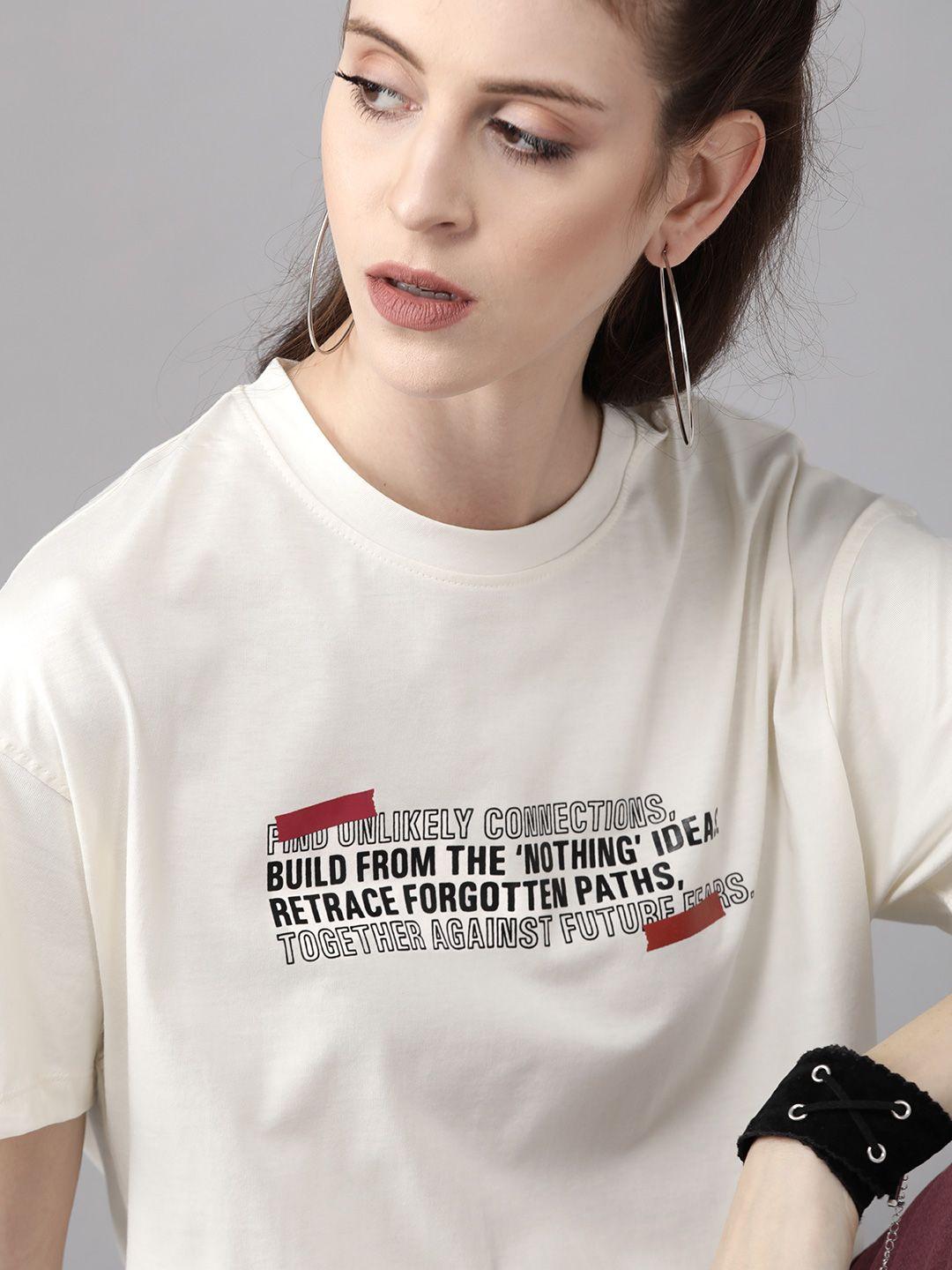 roadster women off-white & black printed round neck t-shirt
