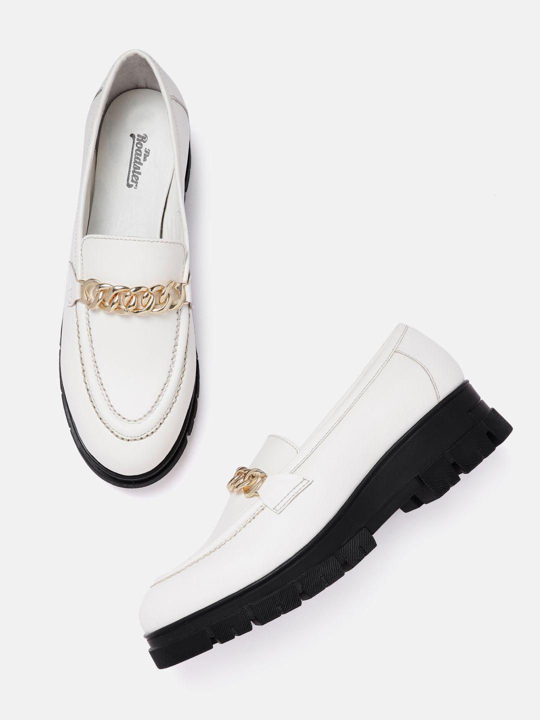 roadster women off white & gold-toned solid link platform loafers with thread work detail