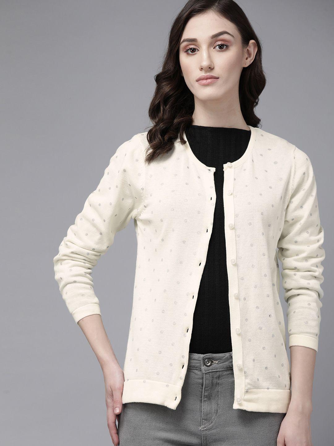 roadster women off white & grey pure cotton polka dots printed cardigan