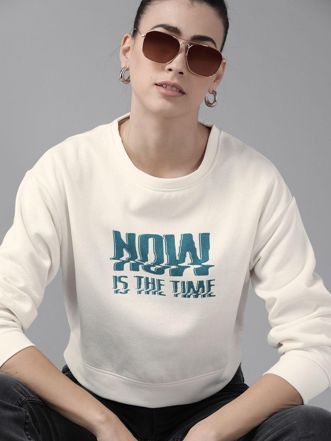 roadster women off white & teal typography printed sweatshirt