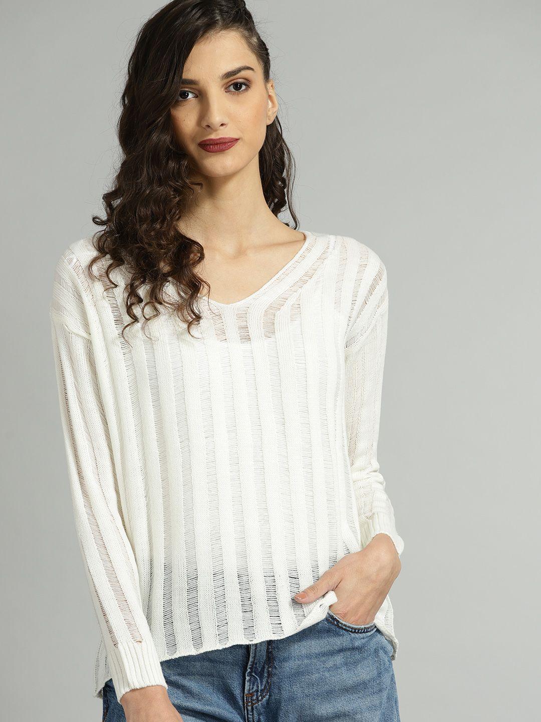 roadster women off-white open-knit ribbed sweater