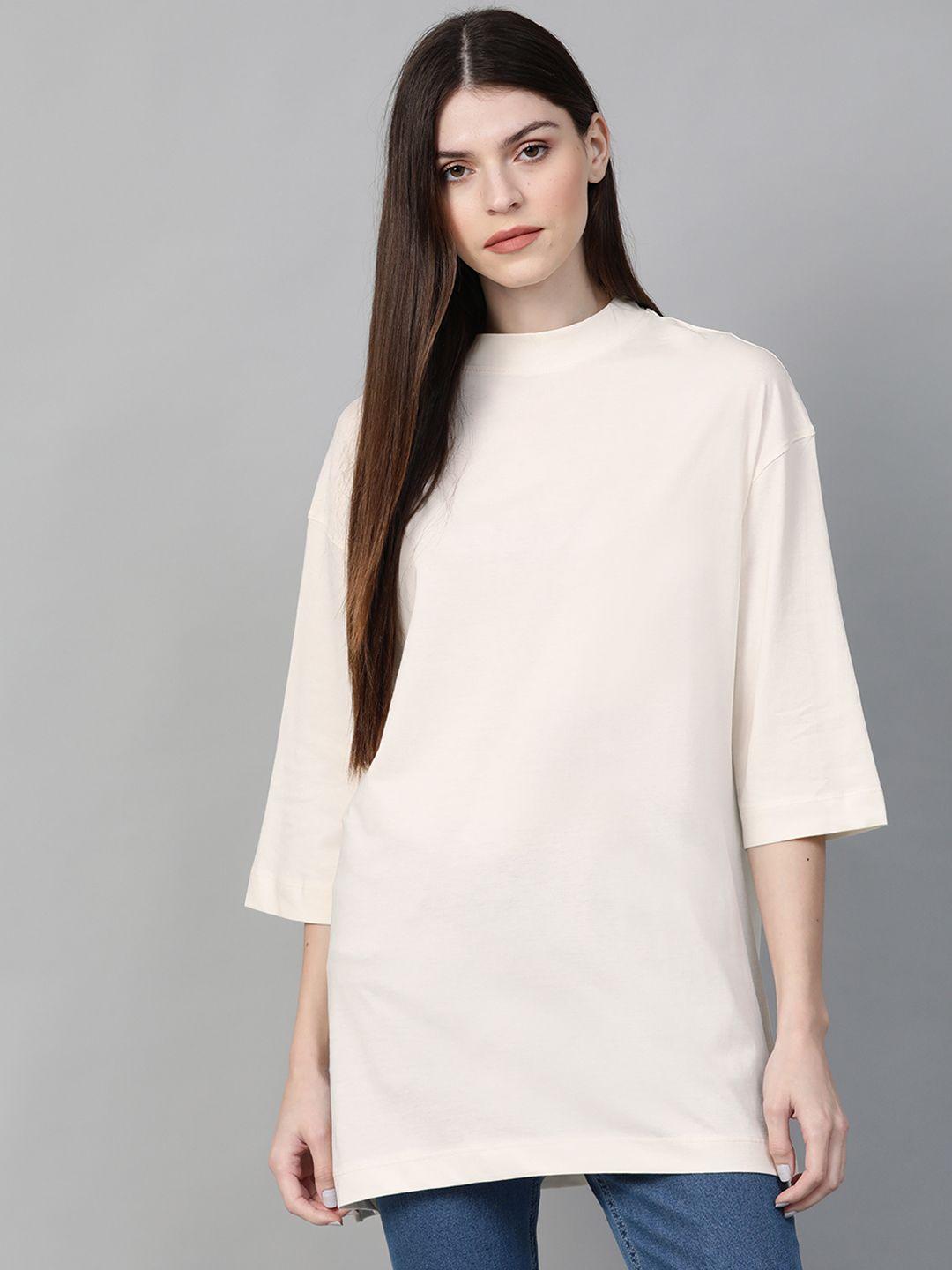 roadster women off-white solid high neck longline t-shirt