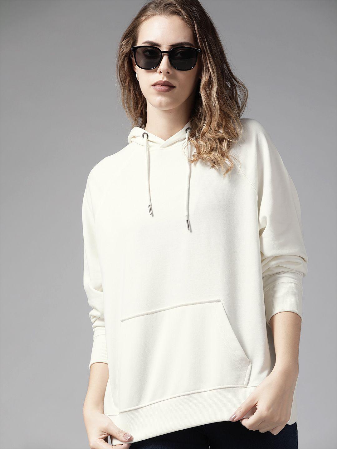 roadster women off white solid hooded raglan sleeves sweatshirt