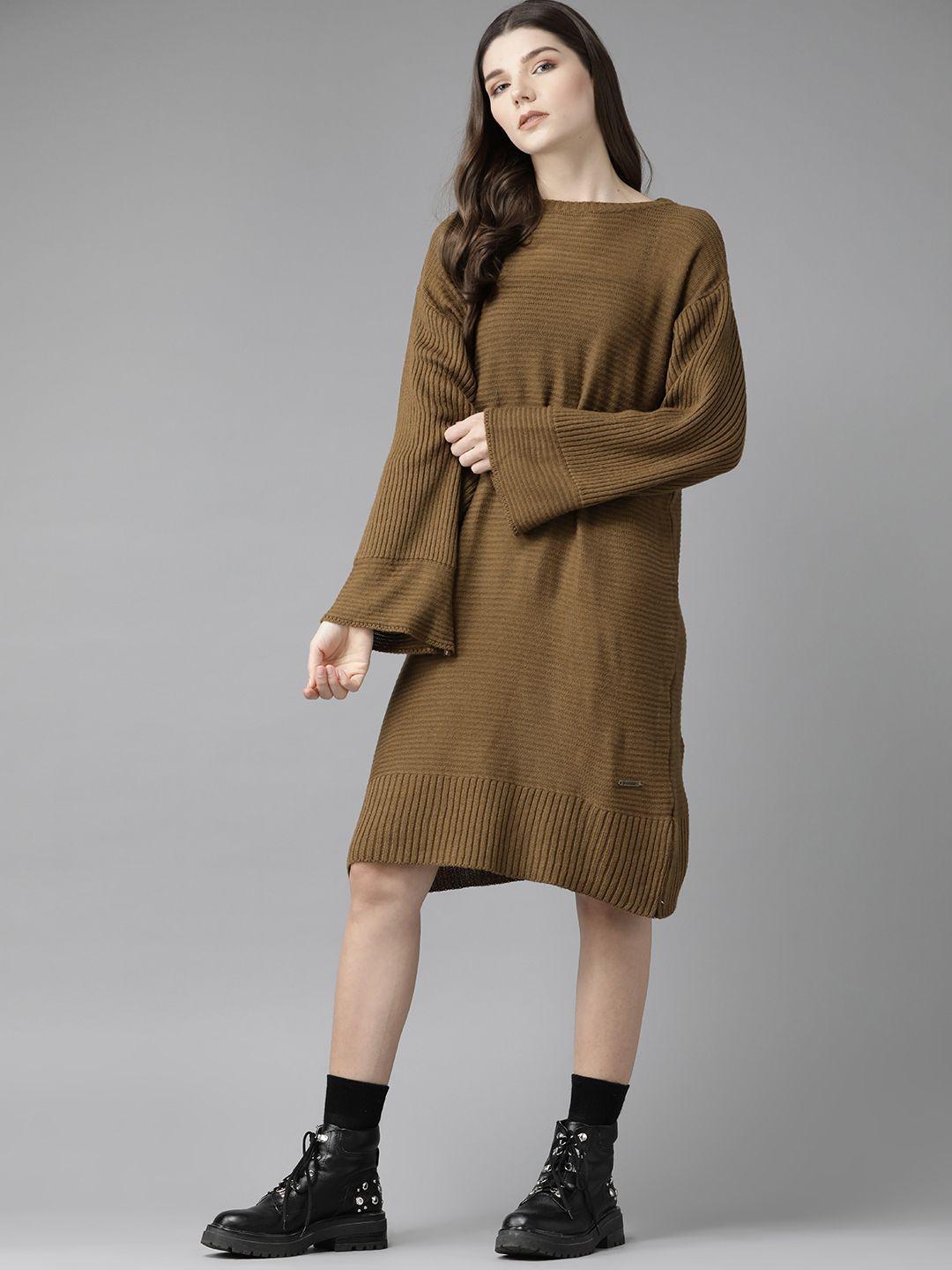 roadster women olive brown self striped sweater dress