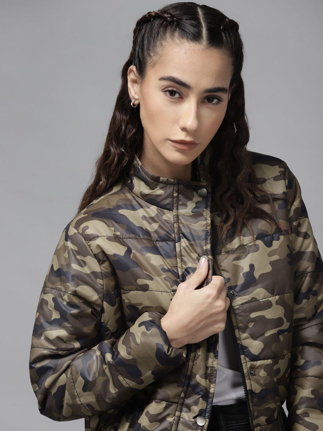 roadster women olive green & black camouflage print padded jacket