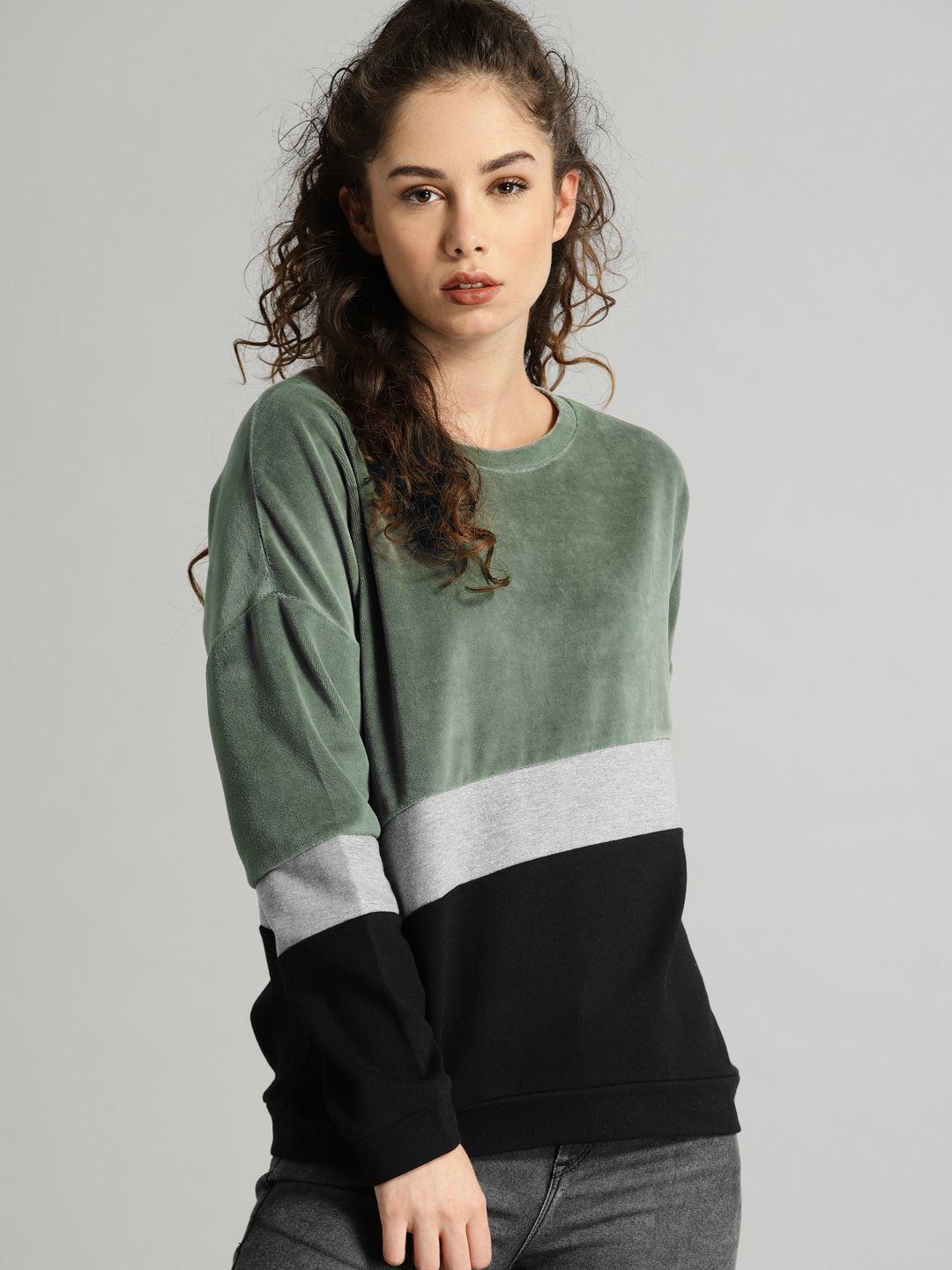 roadster women olive green & black colourblocked sweatshirt