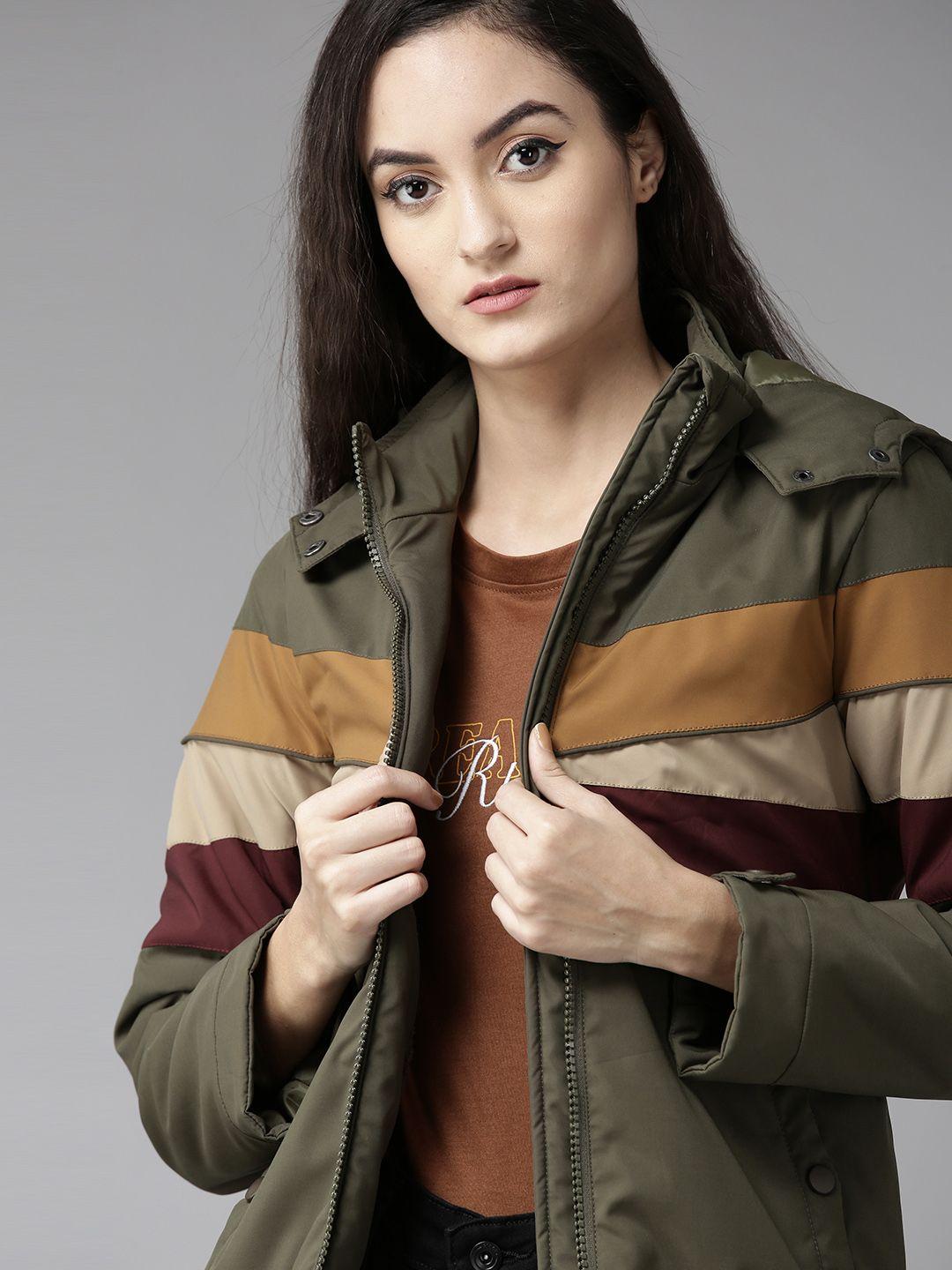 roadster women olive green & burgundy striped padded jacket