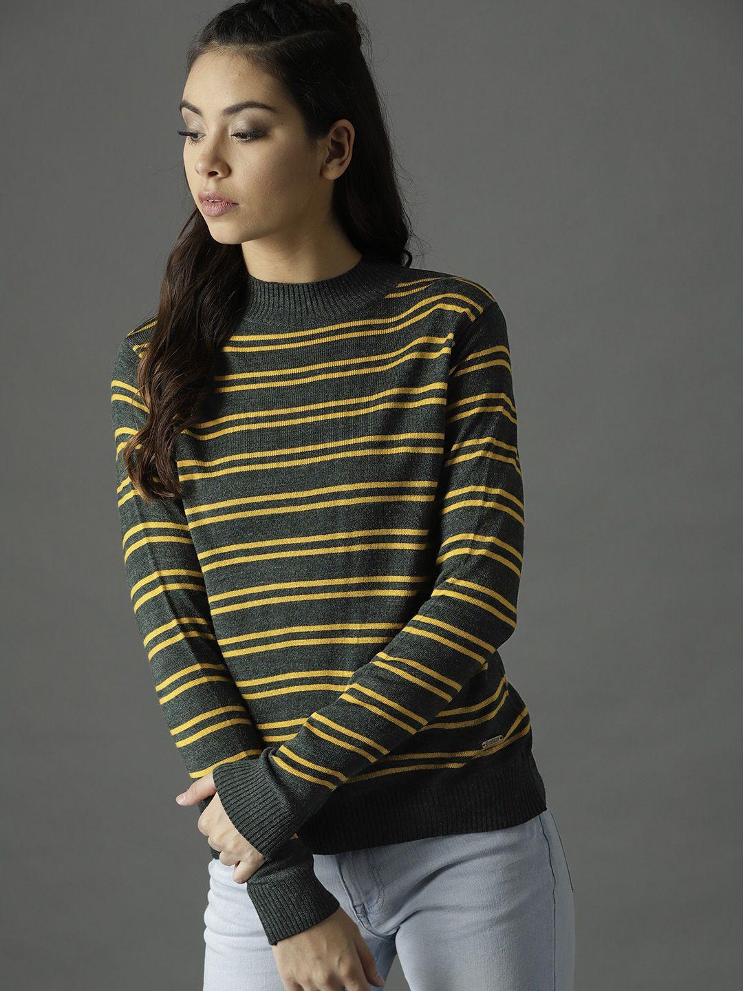 roadster women olive green & mustard yellow striped pullover