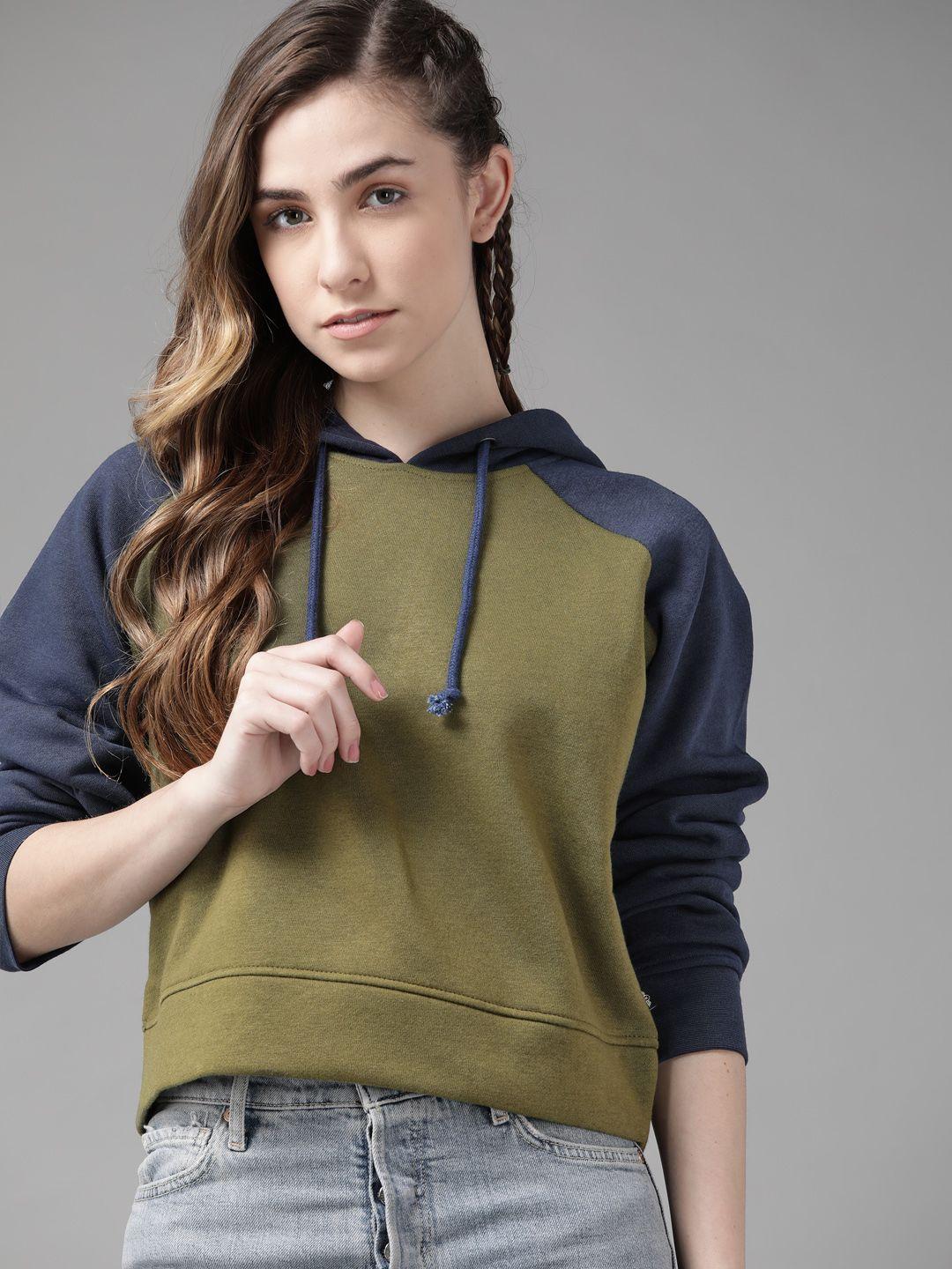 roadster women olive green & navy blue colourblocked hooded sweatshirt