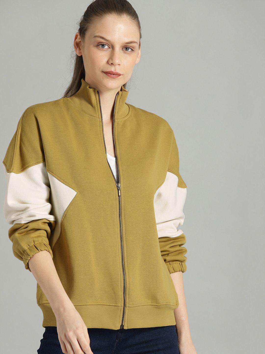 roadster women olive green & off-white colourblocked sweatshirt