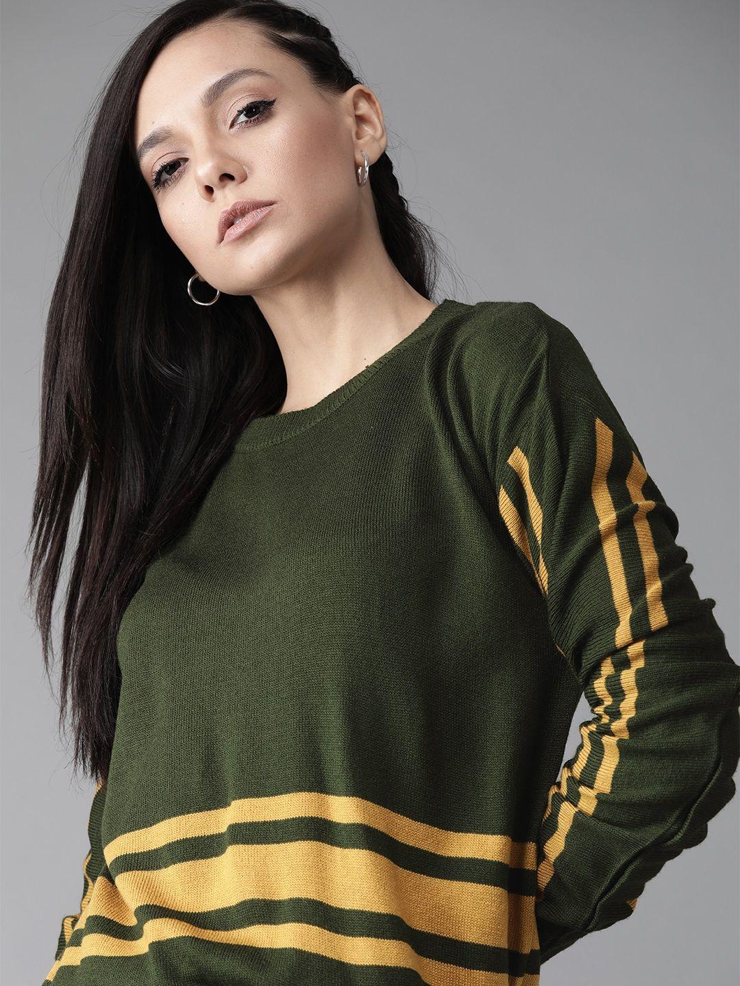 roadster women olive green & yellow striped detail sweater