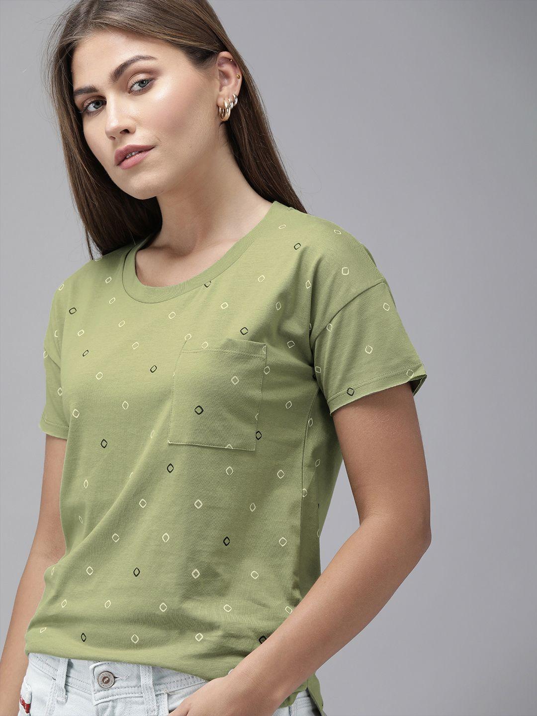 roadster women olive green  white printed round neck pure cotton t-shirt with pocket