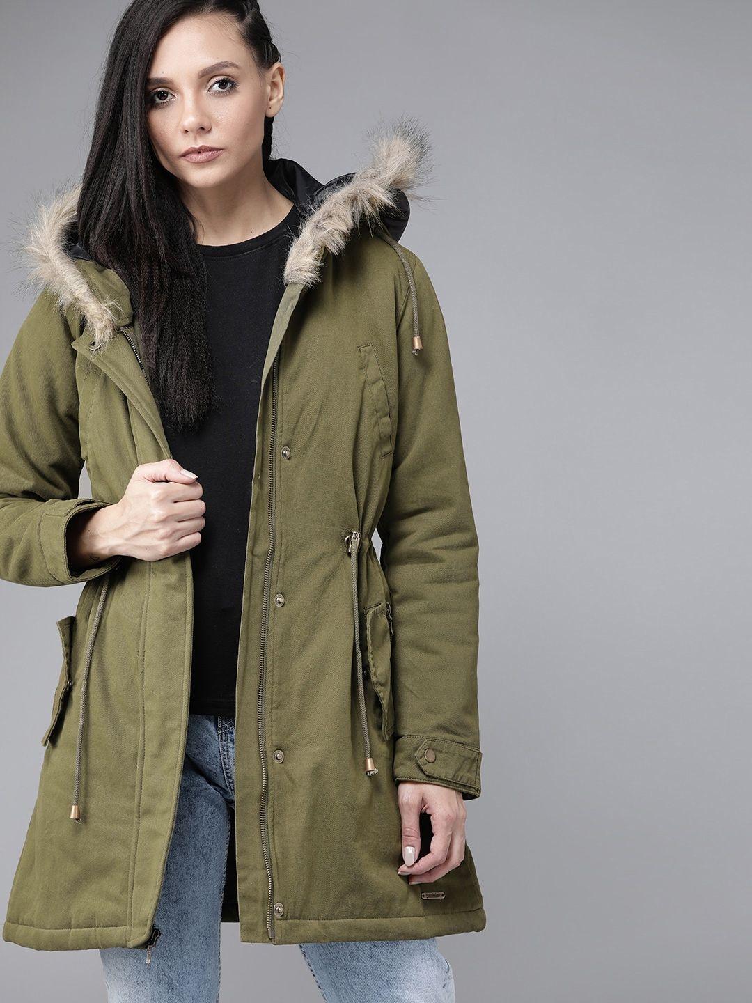 roadster women olive green antiviral protective finish solid longline hooded parka jacket