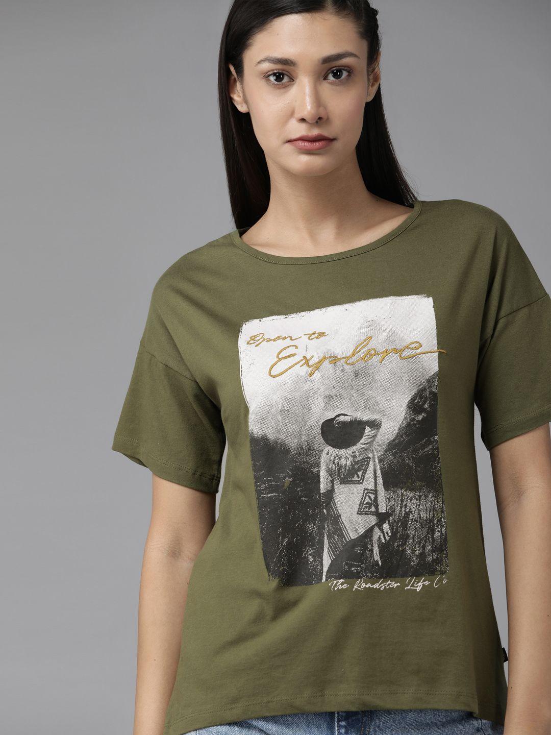 roadster women olive green graphic printed embroidered detail drop-shoulder cotton t-shirt